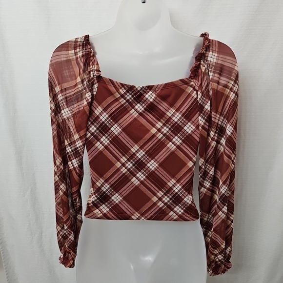 Womens Sz Small Almost Famous Y2k Plaid Blouse Micro Mesh Clueless Preppy - Picture 4 of 7